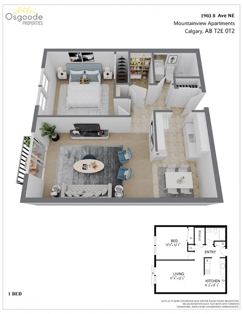 Floor plan for 1 bed, 1 bath, 734 sqft